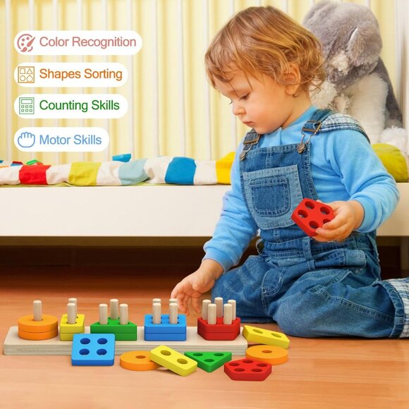 Toddlers Color Recognition Stacker Shape Sorter Wooden Toy Learning Puzzles - Picture 1 of 7